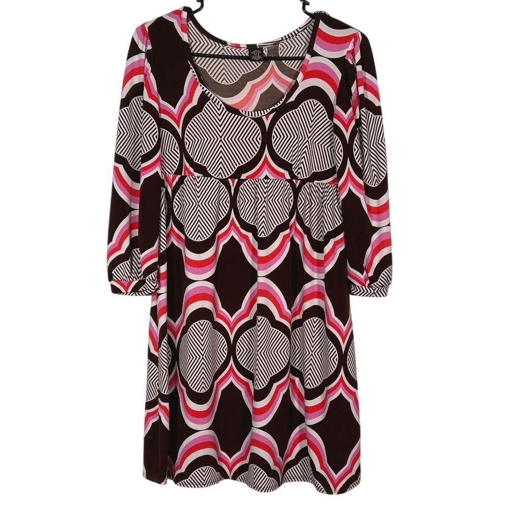 V1 Couture Mod Geometric Empire Waist Mini Dress Brown Pink 3/4 Sleeve Medium